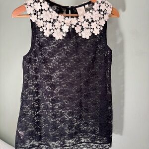 Anthropologie Eloise Black Lace Blouse cream crochet Peter Pan collar small twee
